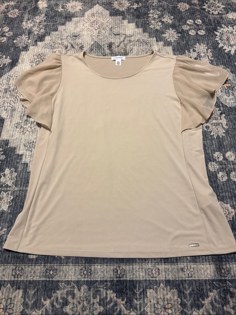 Calvin Klein Tan Short Sleeve Ruffle-Sleeve Top